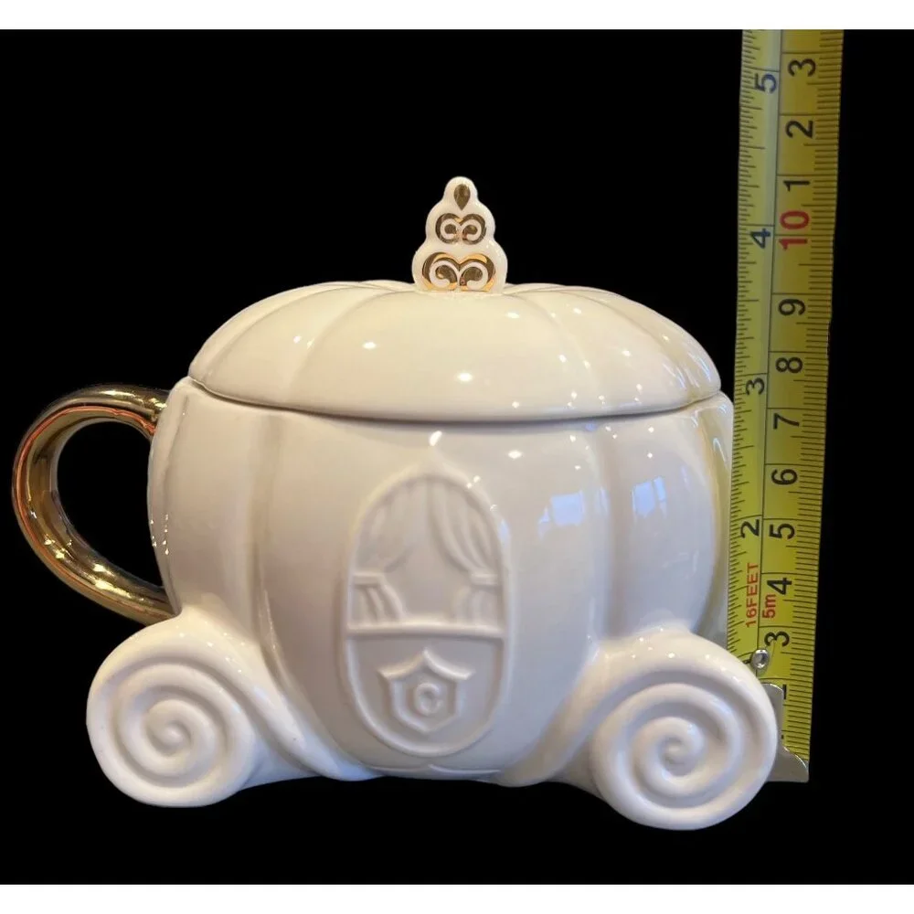 Hallmark Disney Princess Cinderella's Pumpkin Carriage White & Gold‎ Mug W Lid